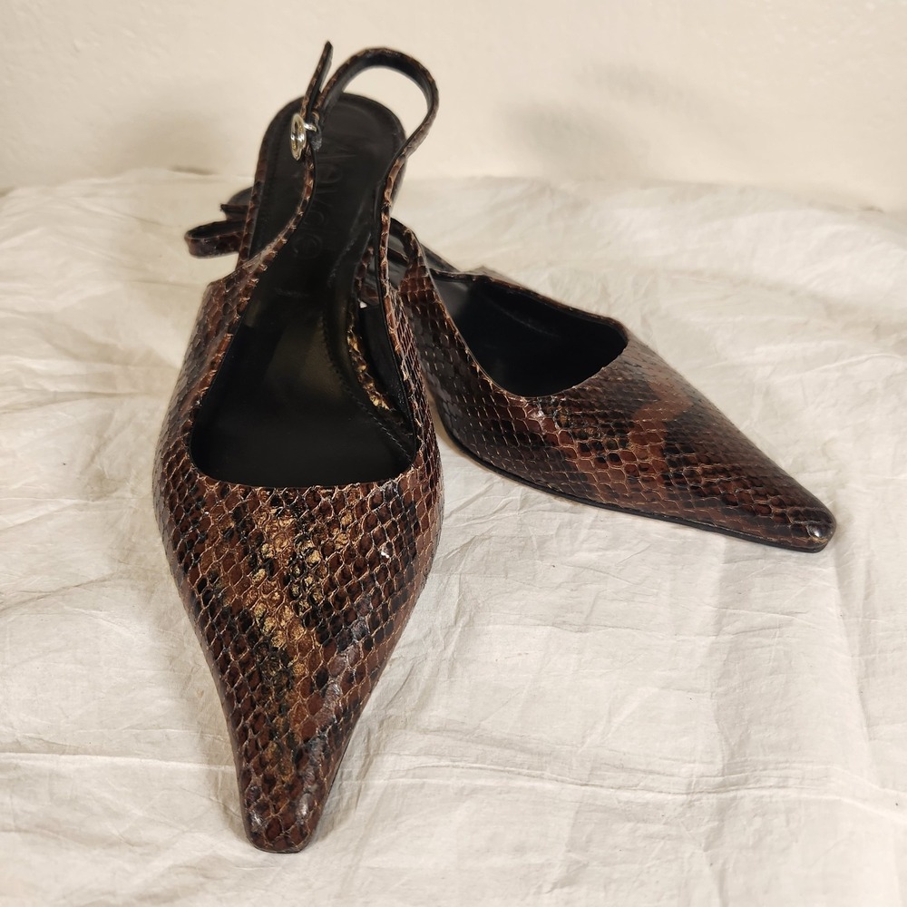 Aeyde Catrina Leather Slingback Pumps Snake Print 36 US 6 Kitten Heel Brown